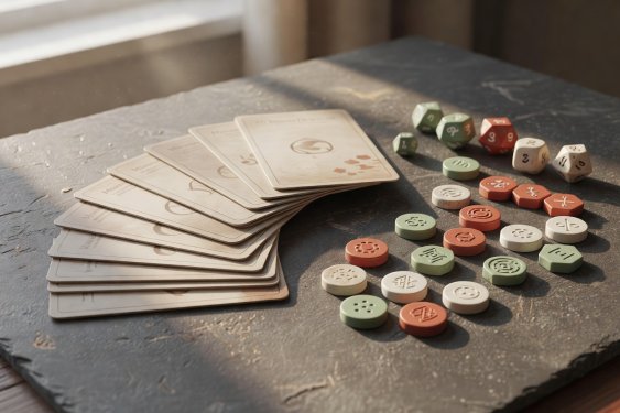 Soft-lit render of train car tokens and destination cards